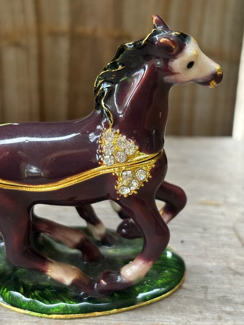 Mare & Foal Hand Painted Enameled Hinged Trinket Box with Crystal Accents 3”H